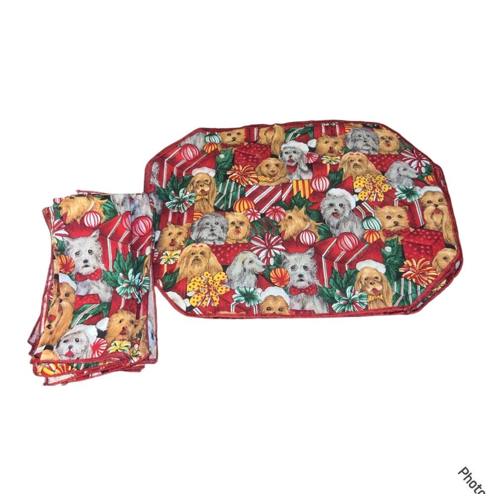 vintage robyn-lyn christmas puppies dogs holiday Six placemat and Six napkin set